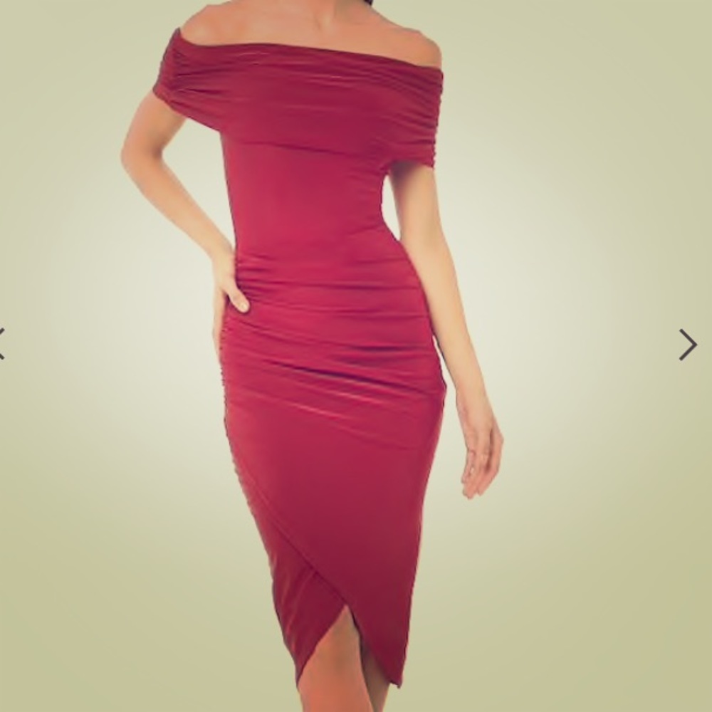 Ruched midi length off the shoulder dress